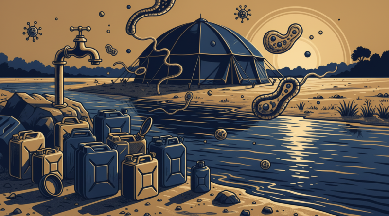 Illustration d'un point de chloration de l'eau avec des bidons près d'un fleuve et une tente sanitaire