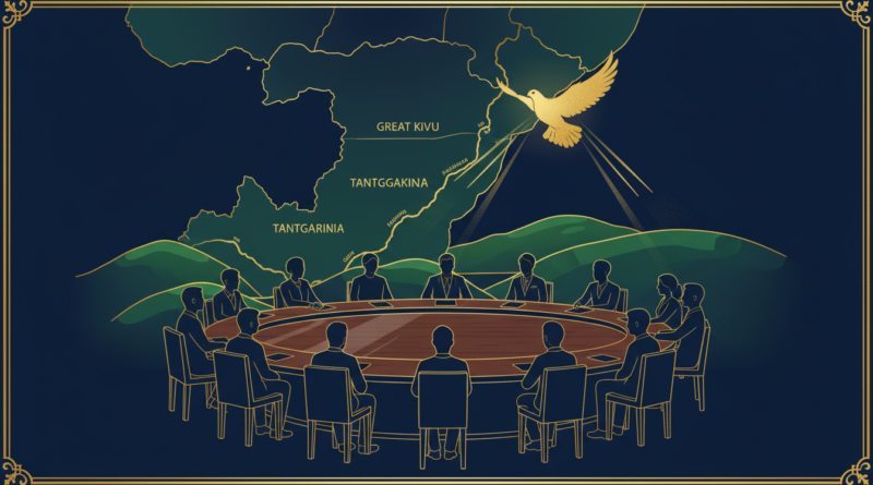 Illustration éditoriale d'une table de médiation devant une carte de l'est de la RDC et des Grands Lacs