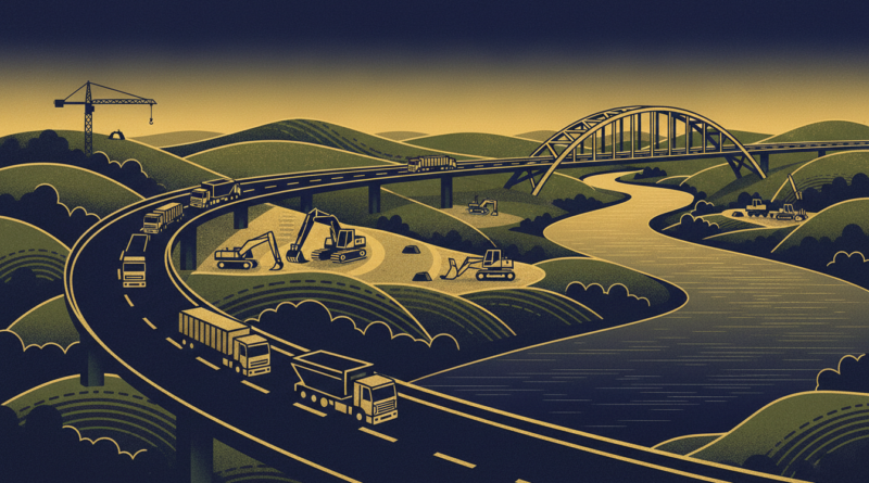 Illustration éditoriale d'une route traversant des collines verdoyantes avec des camions et des engins de chantier