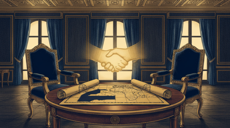 Illustration éditoriale d'un salon diplomatique avec une table de négociation et une carte du Sahel