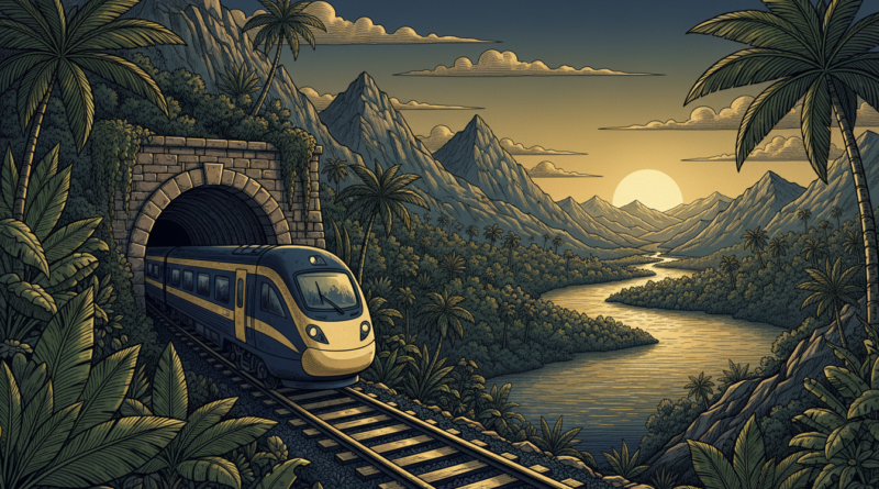 Illustration éditoriale d'un train de voyageurs sortant d'un tunnel dans un paysage verdoyant d'Afrique de l'Ouest