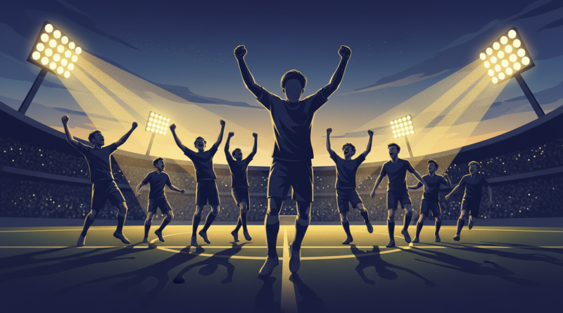 Illustration de jeunes footballeurs célébrant un but dans un stade éclairé, en tons bleu marine et or