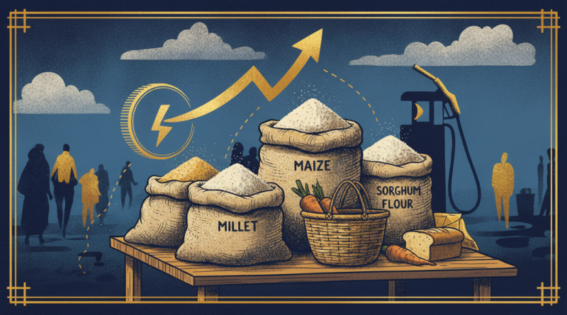 Illustration éditoriale d'un étal de marché avec des sacs de farine de céréales et une flèche de prix en hausse